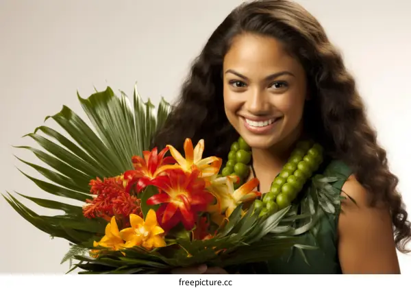 portrait of a beautiful young woman holding a bouquet of flowers