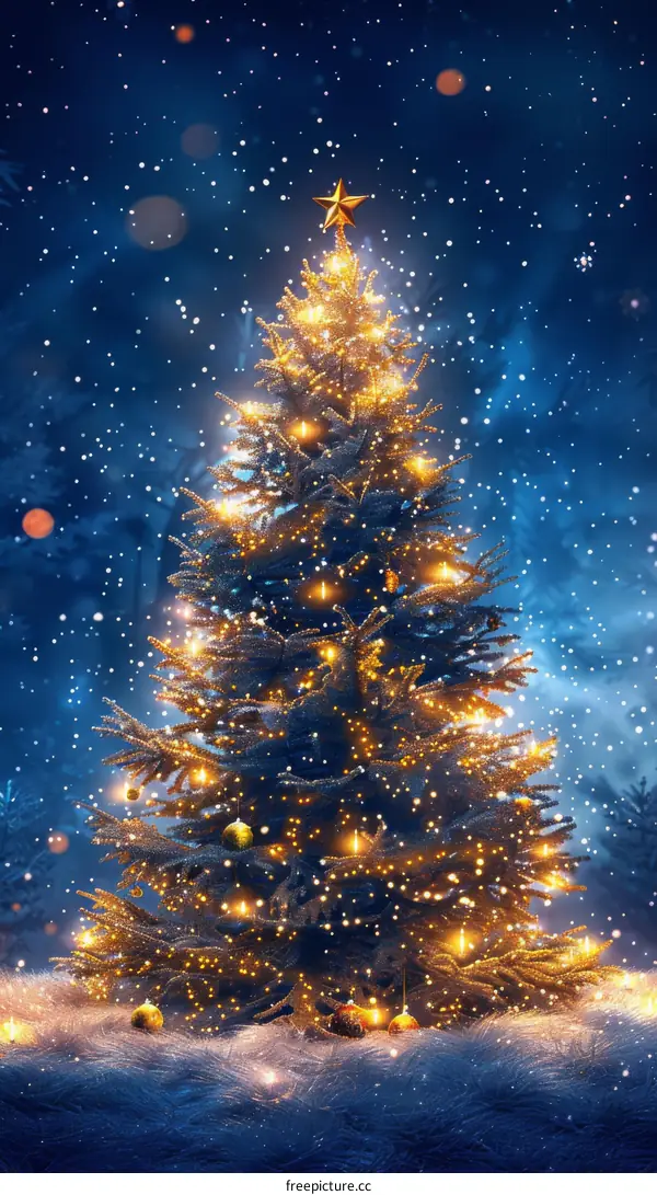 Christmas Tree Illuminated by Sparkling Lights in a Winter Wonderland