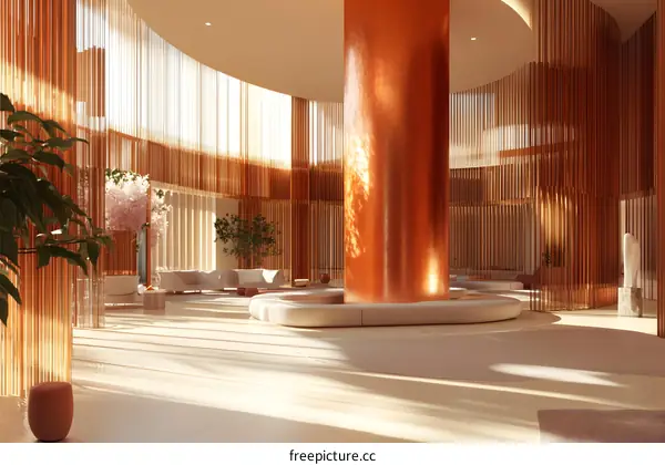 Modern Interior Design with Large Copper Column and  Curved Walls