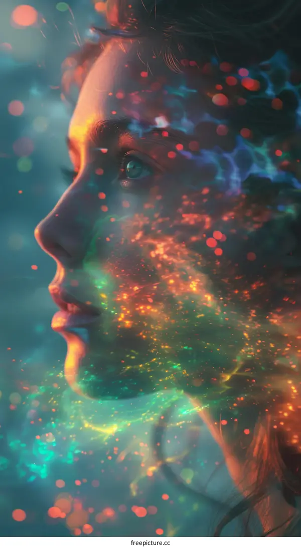 Mystical Portrait of a Young Woman with Glowing Particles
