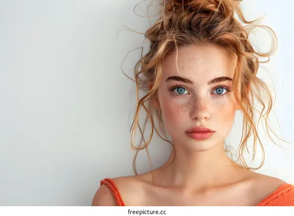 portrait of a beautiful woman with freckles and blue eyes