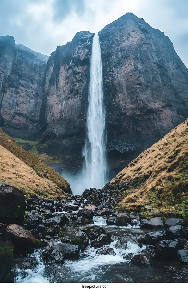 Tall Waterfall in a Mountain Valley