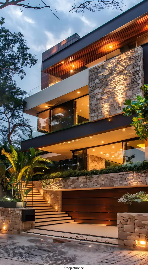 Modern House with Stone Exterior and a Wooden Garage Door