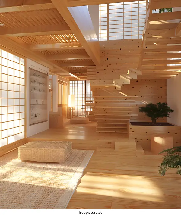 Modern Japanese Style Interior Design with Wooden Floor and Staircase