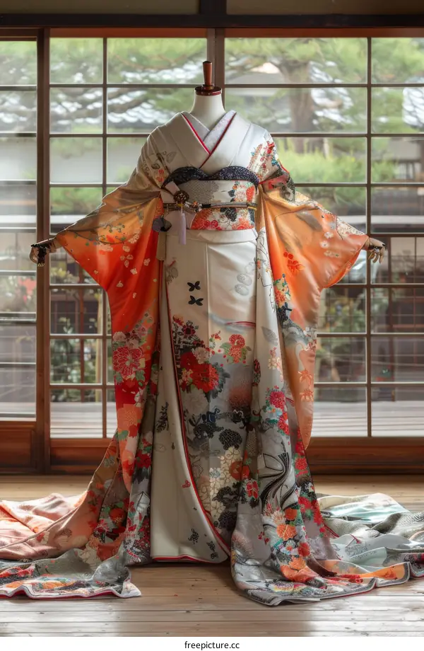 A woman wearing a traditional Japanese wedding kimono