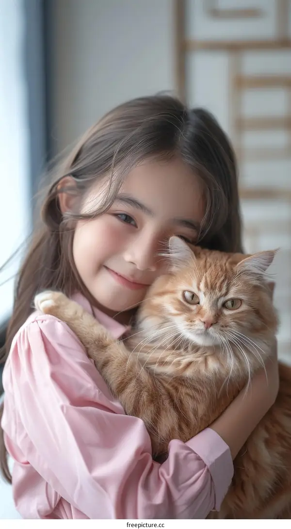 a girl hugging an orange cat