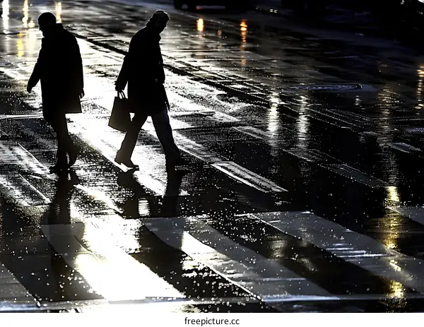 Silhouettes of Two People Walking in the Rain on a Crosswalk