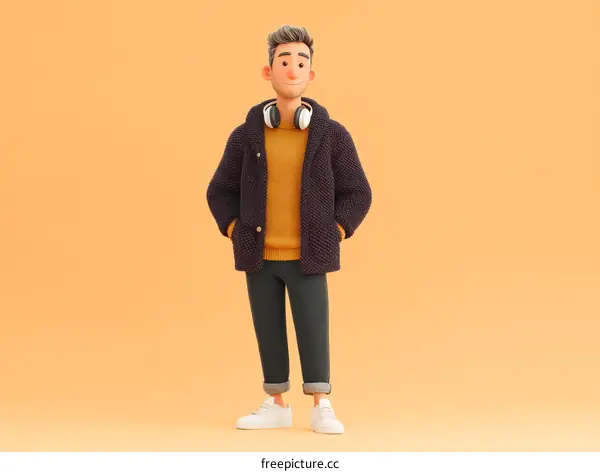 Cartoon Character Male in Fashionable Winter Outfit