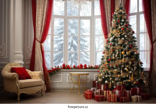 Ornate Living Room with Tree and Presents