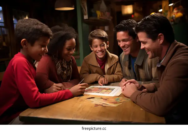 A group of people sitting around a table and looking at a map.