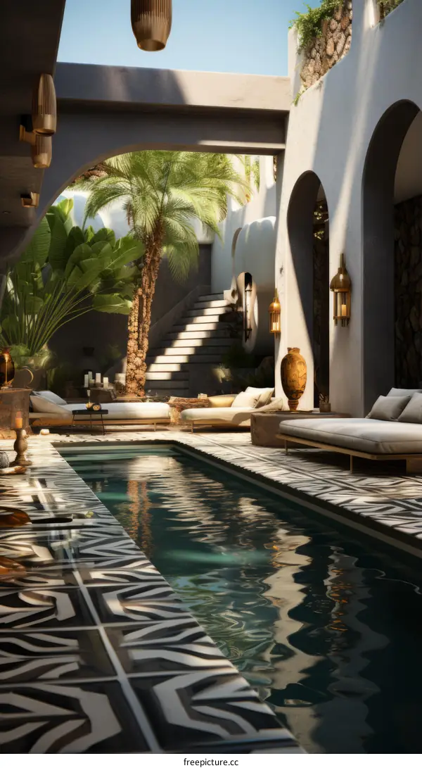 Courtyard with swimming pool and palm trees