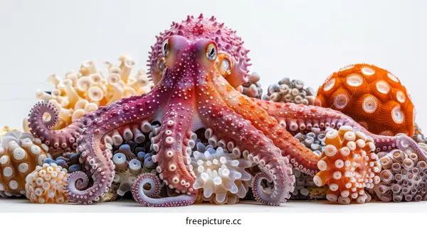 A beautiful octopus sits on a colorful coral reef