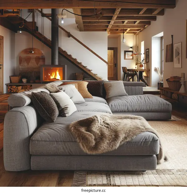 Modern rustic living room interior with fireplace and cozy sofa