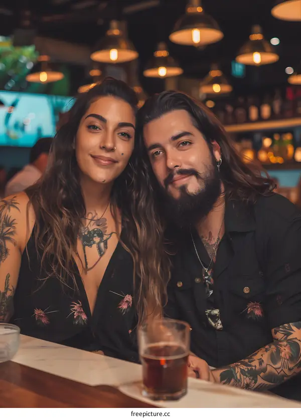 Couple with Tattoos Smiling at the Camera in a Bar