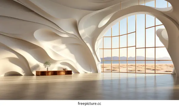 Futuristic interior space with large windows and curved walls