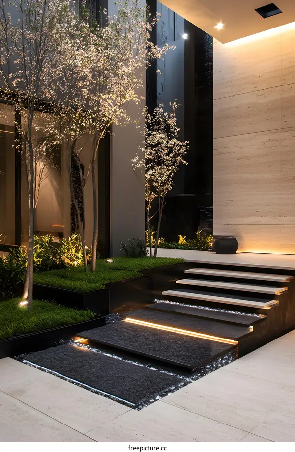 Modern Minimalist Home Exterior Design with Stone Steps and Greenery