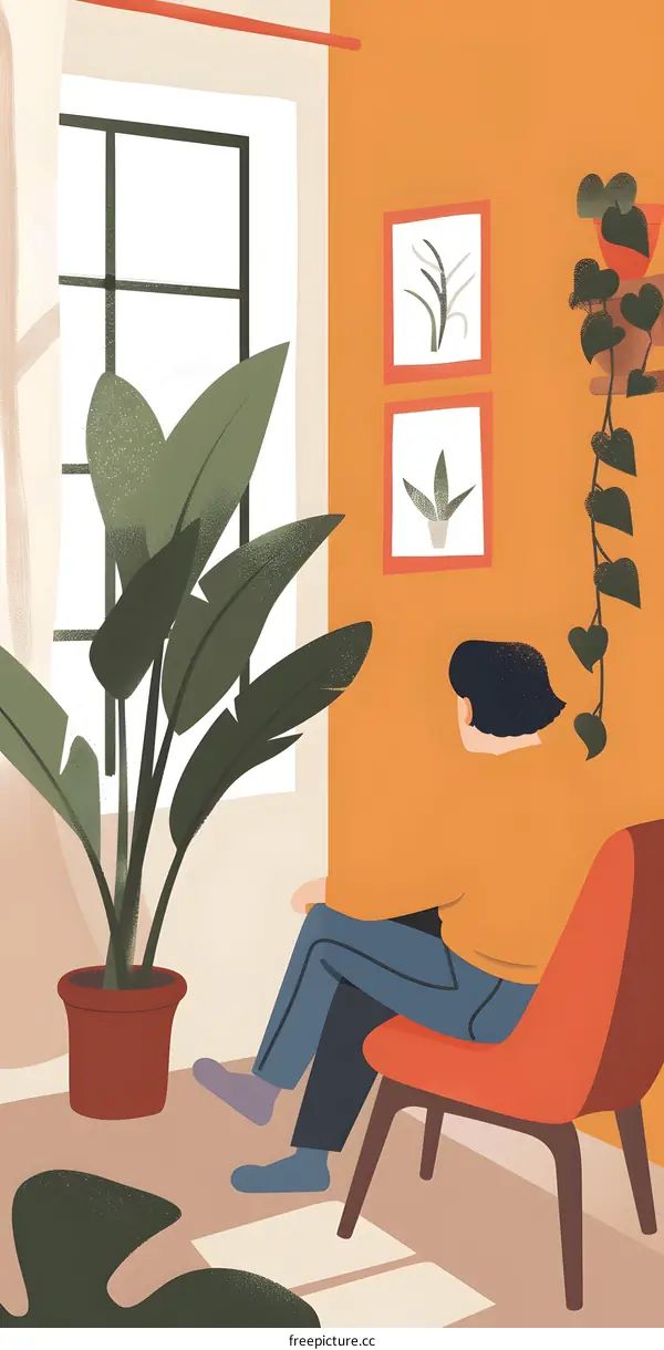 Woman Sitting on Chair in Room with Plants and Window