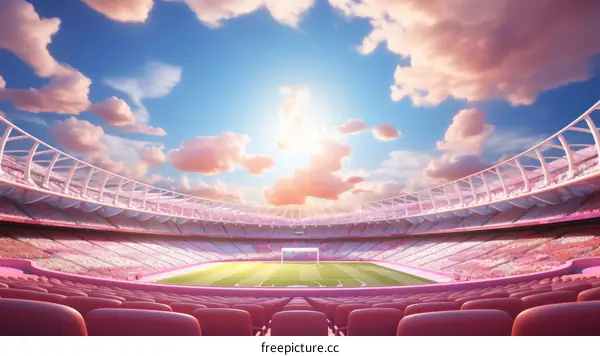 A large pink stadium with a soccer field
