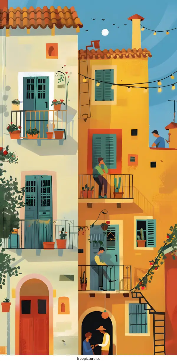 Mediterranean Style Houses with Balconies and People
