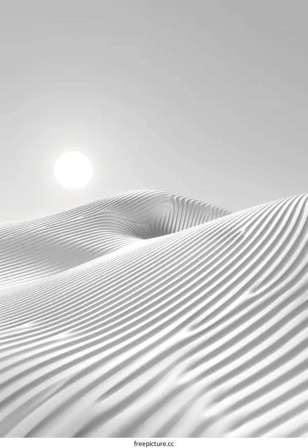 Futuristic white sand dunes landscape with a bright sun in the sky
