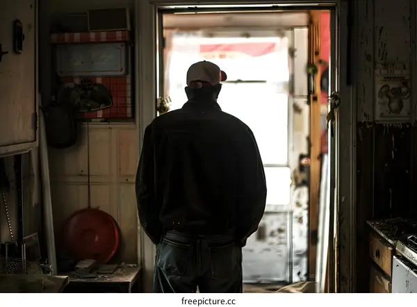 A man standing in a doorway looking out