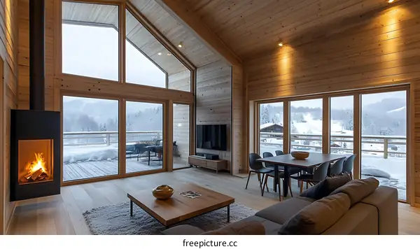 Modern Winter Cabin Living Room with Panoramic Views