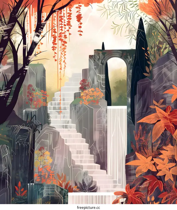 Stone Archway Landscape with Autumn Foliage