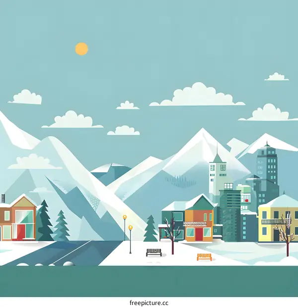 Winter Cityscape with Snowy Mountains and Houses
