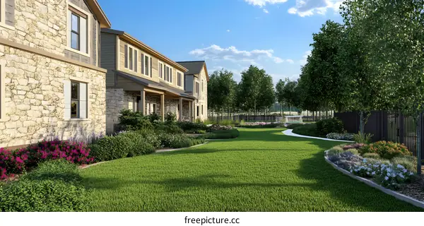 Modern House with Stone Facade and Lush Greenery