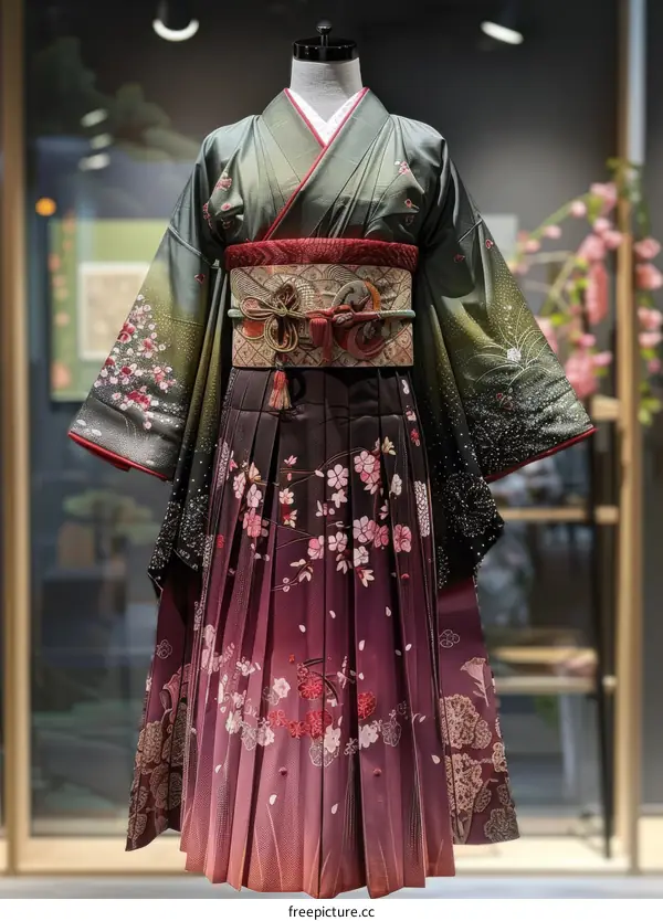 A kimono with a floral pattern and a pink obi