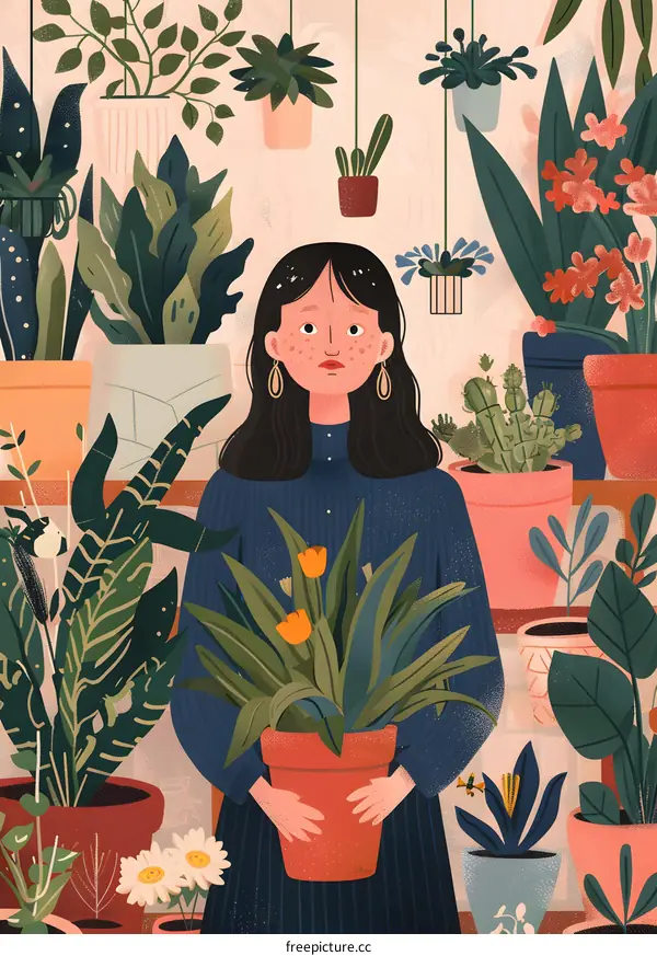 Woman Holding a Potted Plant Surrounded by Other Plants