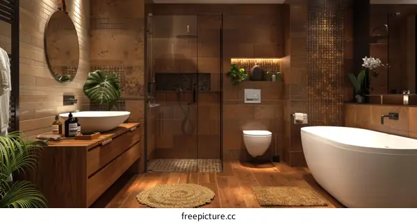 Bathroom interior with brown tiles, wooden vanity, and freestanding bathtub