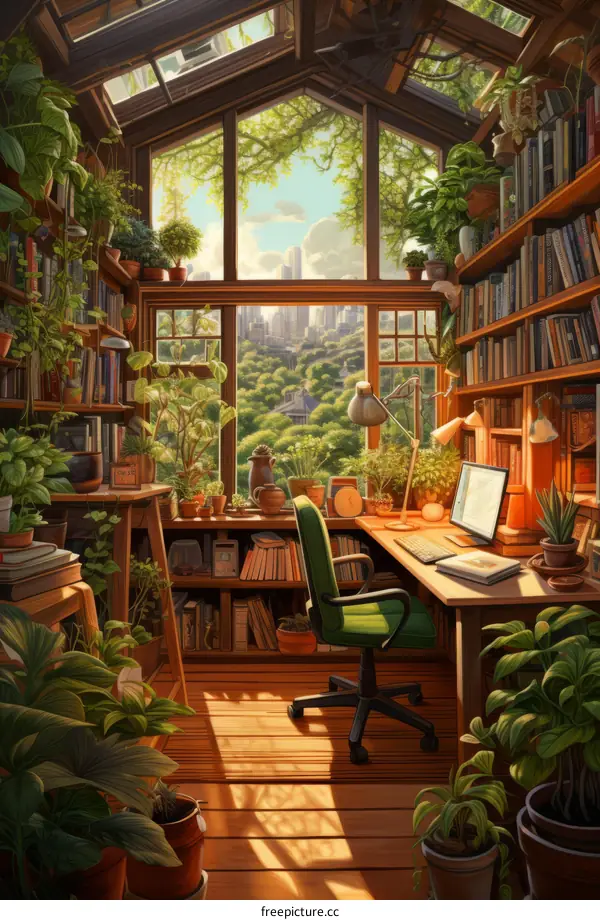 Cozy Home Office with Large Windows Overlooking Urban Landscape