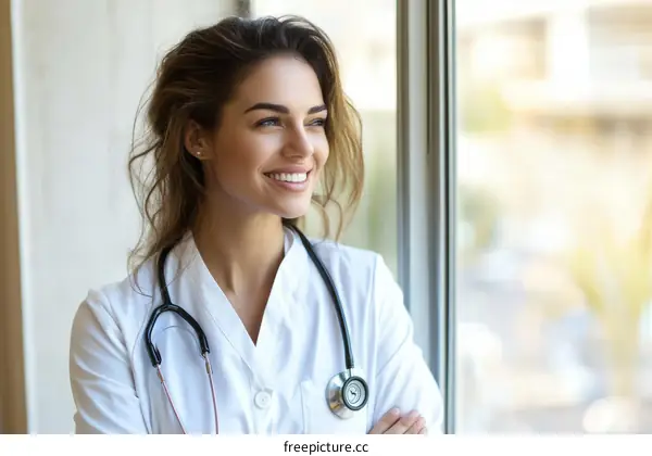 Female Doctor Looking Out Window