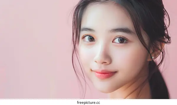 Close up Portrait of Young Asian Woman with Pink Background