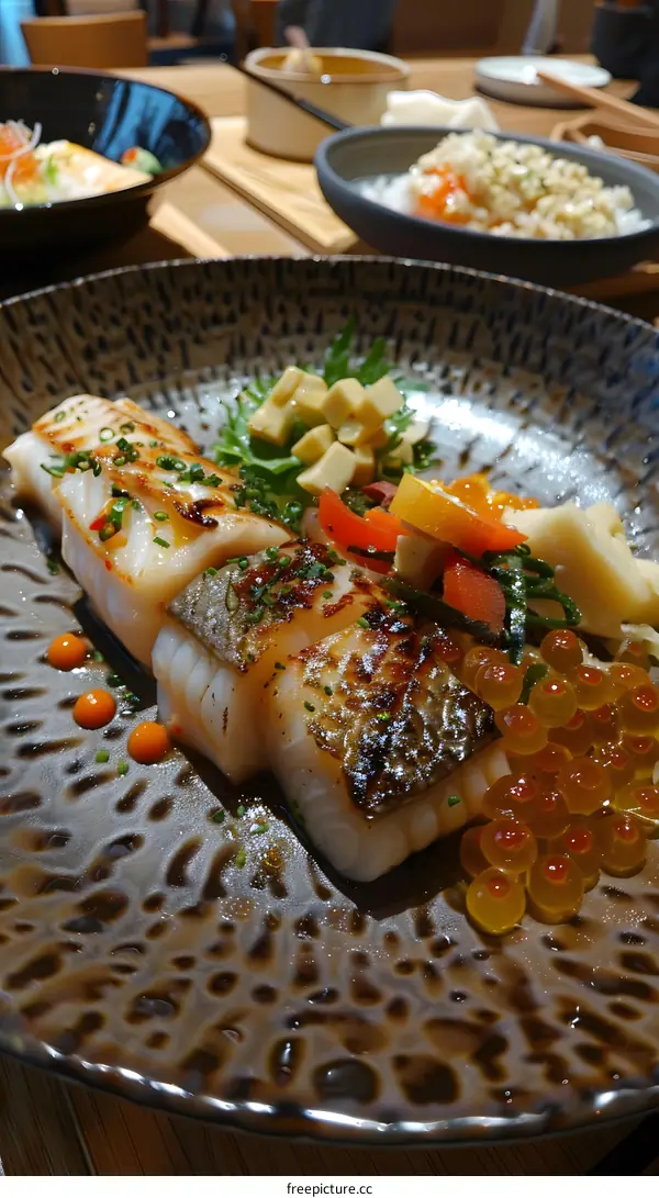 Closeup of Grilled Fish with Vegetables and Caviar on Plate