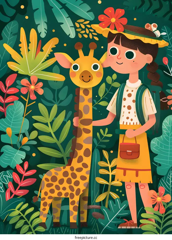 Girl in Jungle with Giraffe Illustration