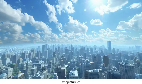 A cityscape of a large modern city with skyscrapers and a blue sky