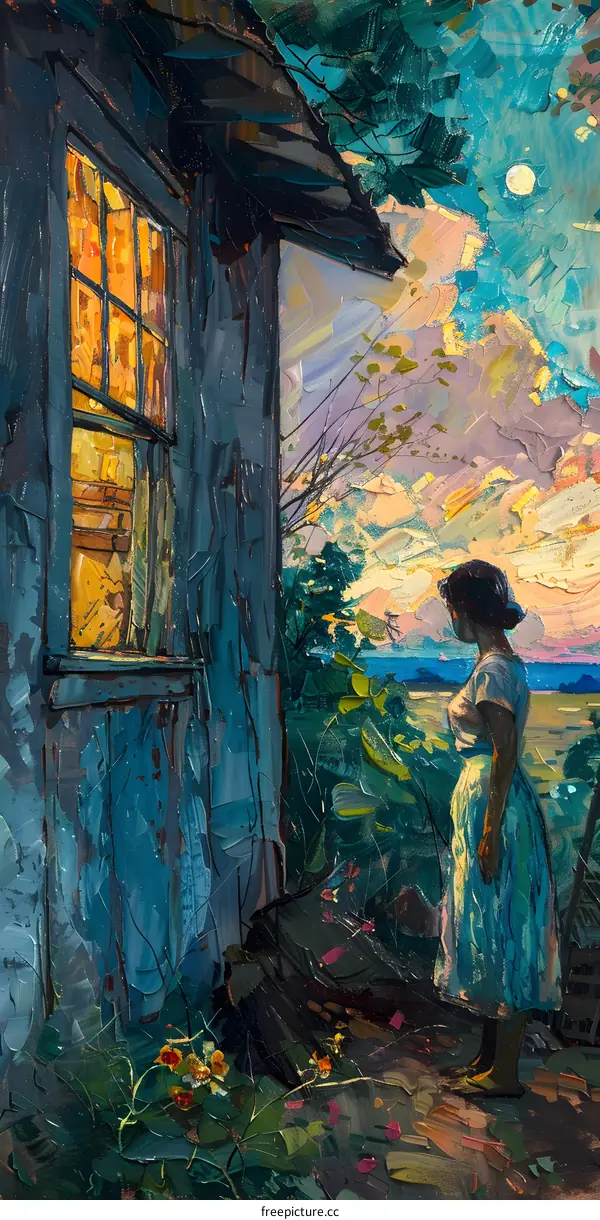 A woman standing outside a house looking at the moonlit field