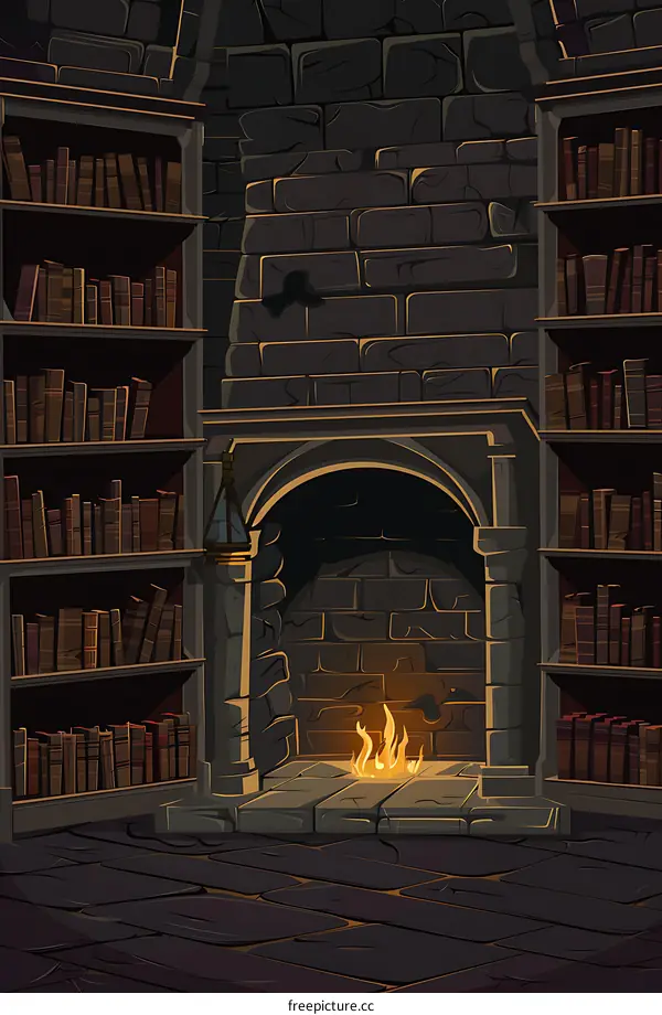 Stone Fireplace and Bookshelves in Dark Room