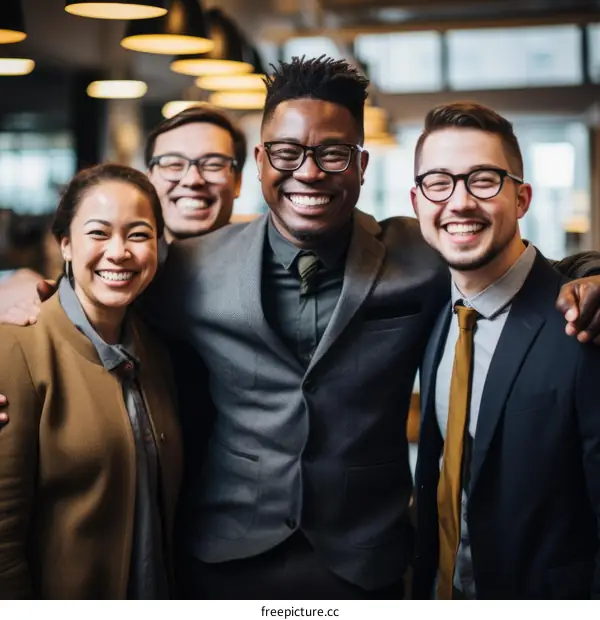 Group of four business professionals smiling and embracing