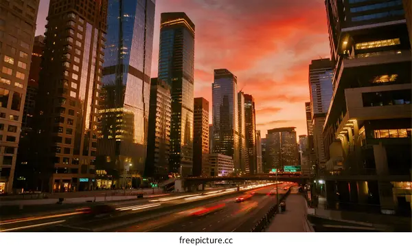 Sunset Over Modern Urban Skyscrapers with Traffic Lights