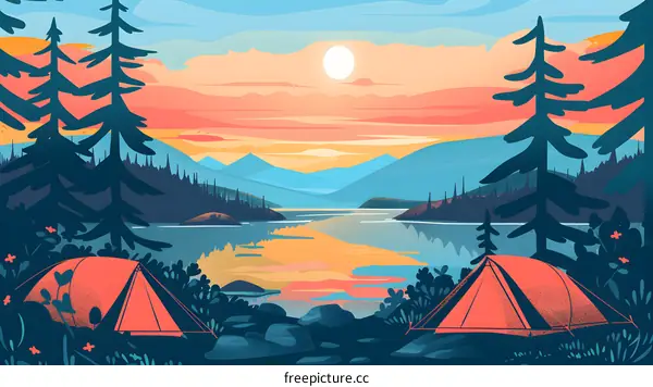 Sunset Camping Illustration with Mountains and Lake