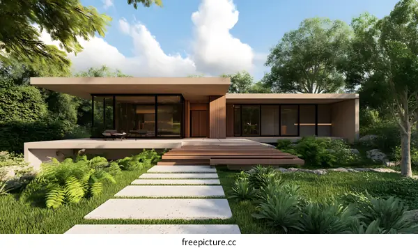 Modern House with Concrete Patio and Wooden Deck