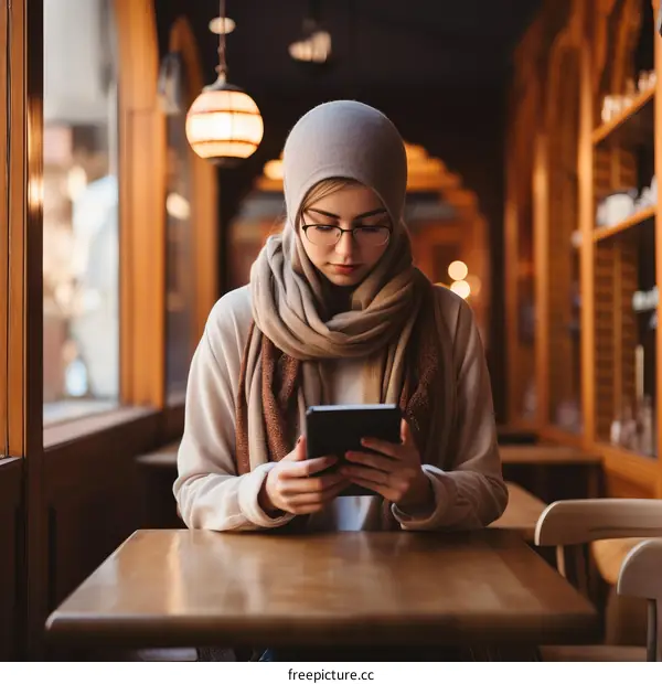 A young woman wearing a hijab is reading a book in a cafe