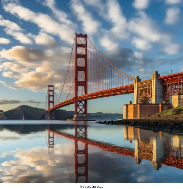 Golden Gate Bridge at sunrise reflecting in calm waters