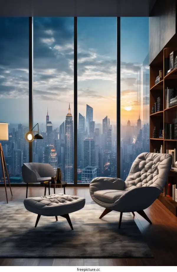 Modern living room interior with city view