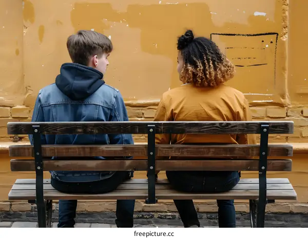 Couple Sitting on a Bench in Front of a Yellow Wall