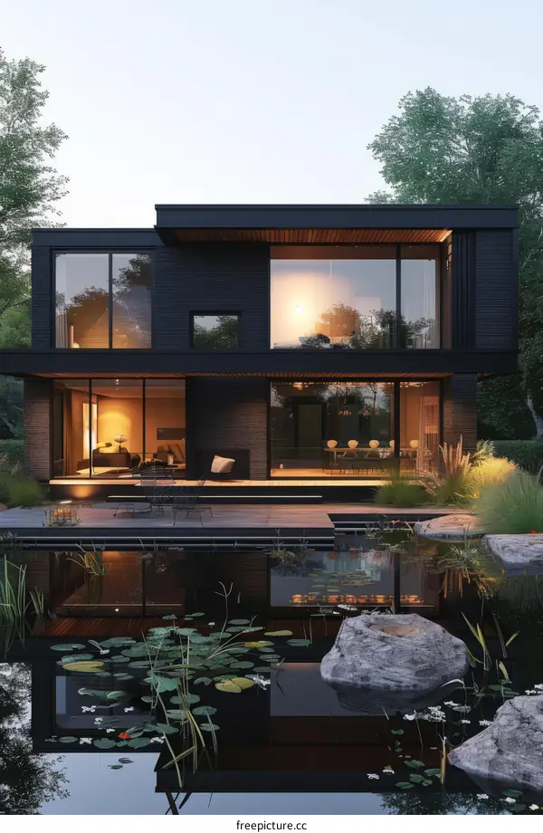 Black modern house with large windows and a pool