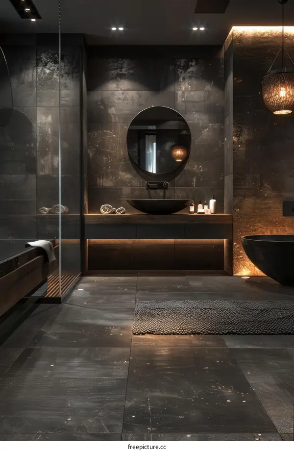Luxury bathroom interior with dark marble tiles and golden elements
